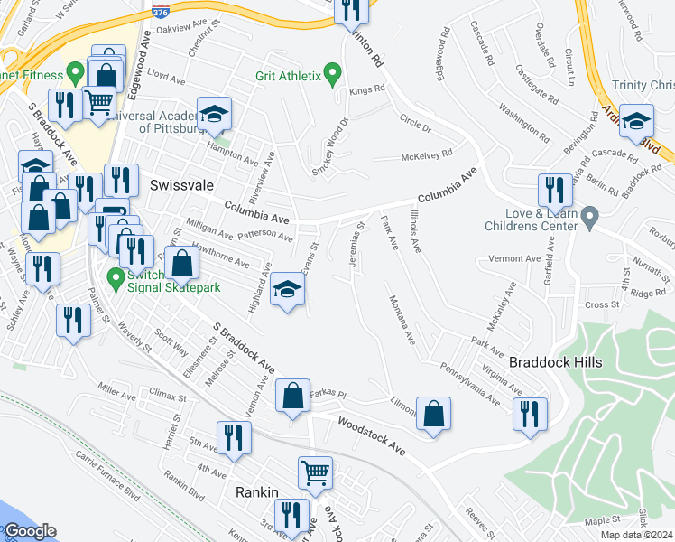 map of restaurants, bars, coffee shops, grocery stores, and more near 7709 Jeremias Street in Pittsburgh