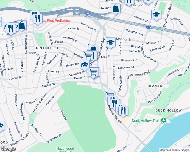 map of restaurants, bars, coffee shops, grocery stores, and more near 3423 Beechwood Boulevard in Pittsburgh