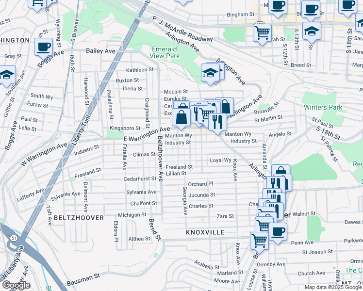 map of restaurants, bars, coffee shops, grocery stores, and more near 210 Walter Street in Pittsburgh