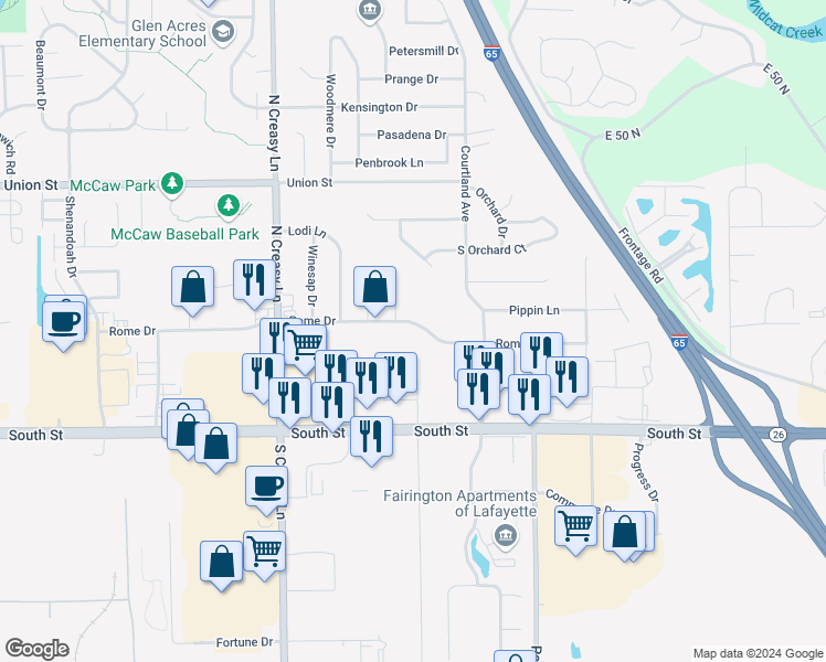 map of restaurants, bars, coffee shops, grocery stores, and more near 3865 Rome Drive in Lafayette