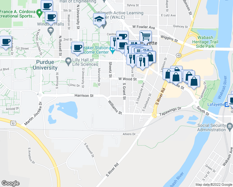 map of restaurants, bars, coffee shops, grocery stores, and more near 422 Harrison Street in West Lafayette