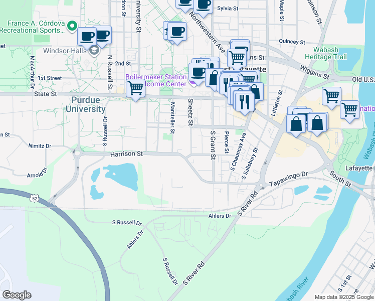 map of restaurants, bars, coffee shops, grocery stores, and more near 532 Harrison Street in West Lafayette