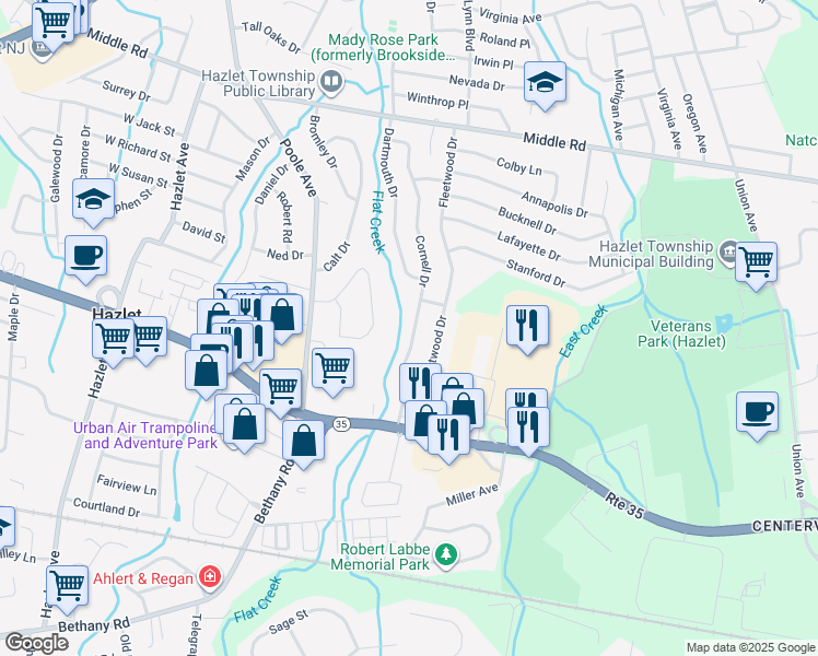 map of restaurants, bars, coffee shops, grocery stores, and more near 59 Cornell Drive in Hazlet