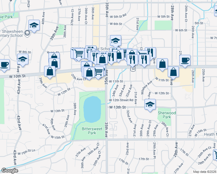 map of restaurants, bars, coffee shops, grocery stores, and more near 1125 34th Avenue in Greeley