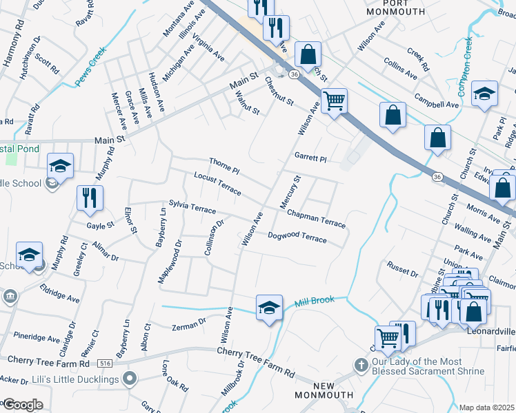 map of restaurants, bars, coffee shops, grocery stores, and more near 2 Locust Terrace in Middletown