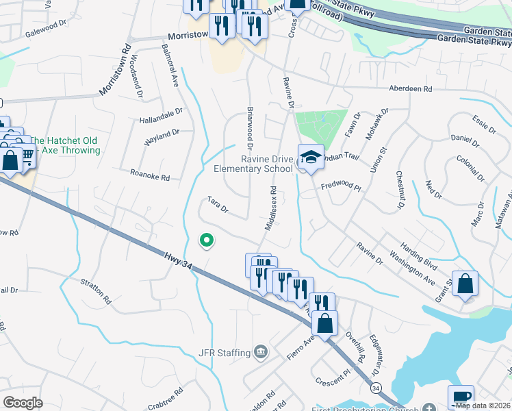 map of restaurants, bars, coffee shops, grocery stores, and more near 50 Briarwood Drive in Matawan