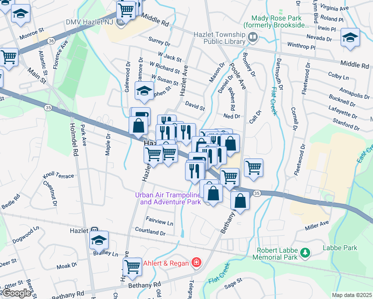 map of restaurants, bars, coffee shops, grocery stores, and more near 3115 New Jersey 35 in Hazlet