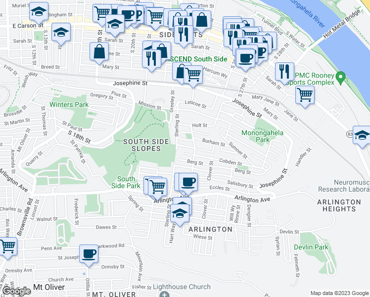 map of restaurants, bars, coffee shops, grocery stores, and more near 2314 Wellington Street in Pittsburgh