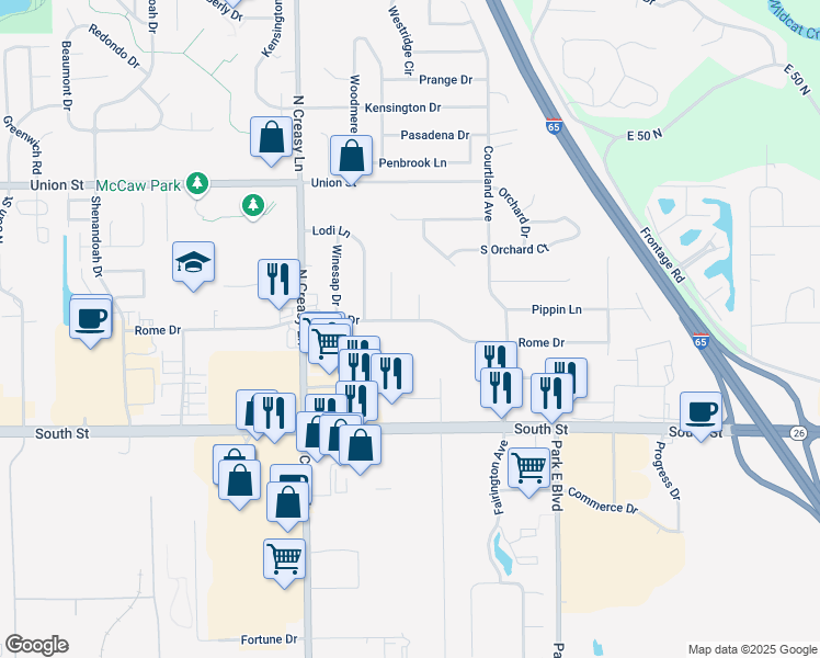 map of restaurants, bars, coffee shops, grocery stores, and more near 3847 Rome Dr in Lafayette