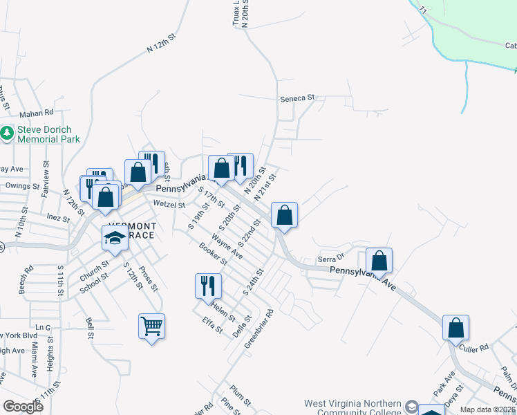 map of restaurants, bars, coffee shops, grocery stores, and more near 2105 Pennsylvania Ave in Weirton