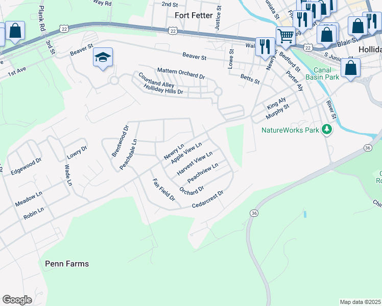 map of restaurants, bars, coffee shops, grocery stores, and more near 621 Apple View Lane in Duncansville