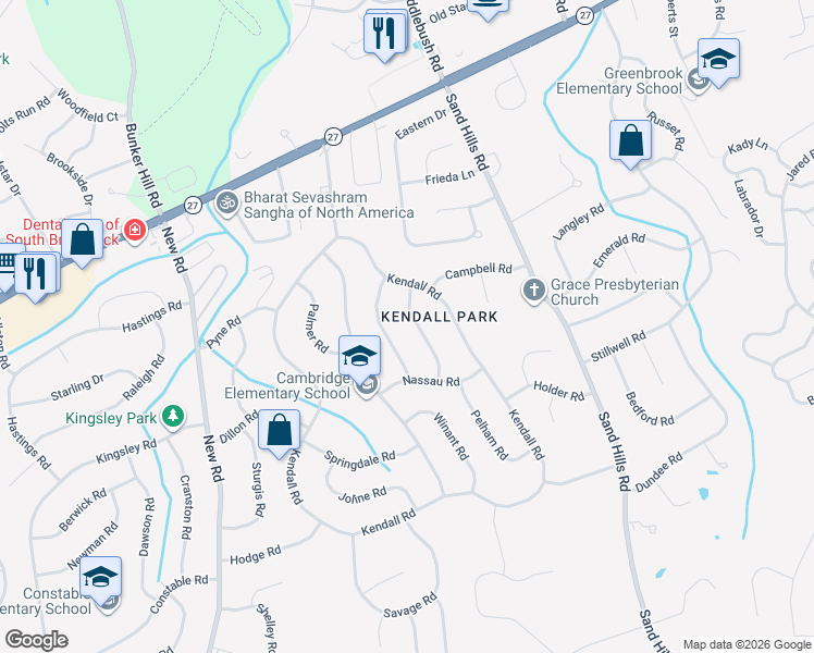 map of restaurants, bars, coffee shops, grocery stores, and more near 9 Woodrow Road in South Brunswick Township