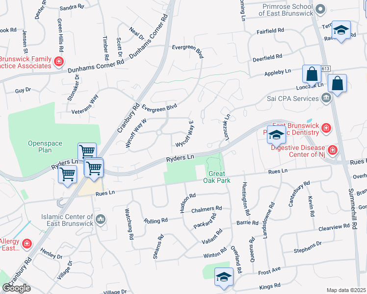 map of restaurants, bars, coffee shops, grocery stores, and more near 55 Wycoff Way East in East Brunswick