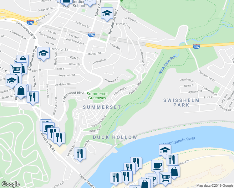 map of restaurants, bars, coffee shops, grocery stores, and more near 1328 Fairstead Lane in Pittsburgh
