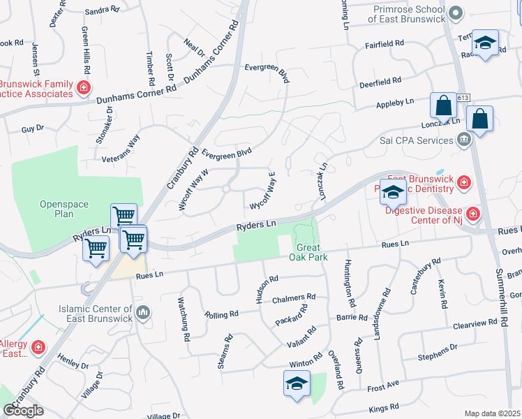 map of restaurants, bars, coffee shops, grocery stores, and more near 55 Wycoff Way East in East Brunswick