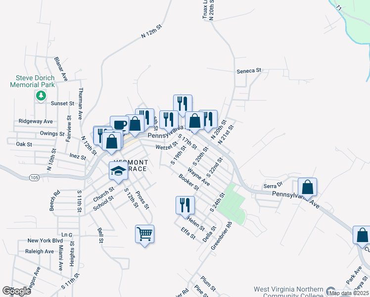 map of restaurants, bars, coffee shops, grocery stores, and more near 113 South 19th Street in Weirton
