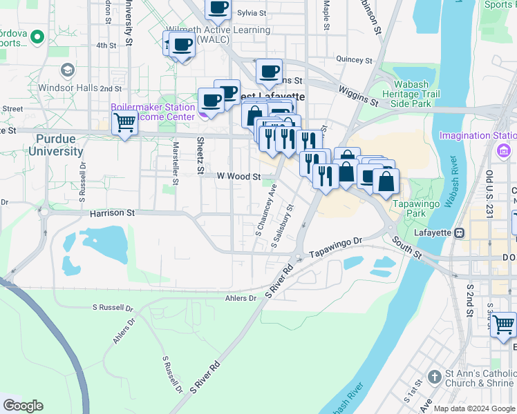 map of restaurants, bars, coffee shops, grocery stores, and more near 249 South Chauncey Avenue in West Lafayette