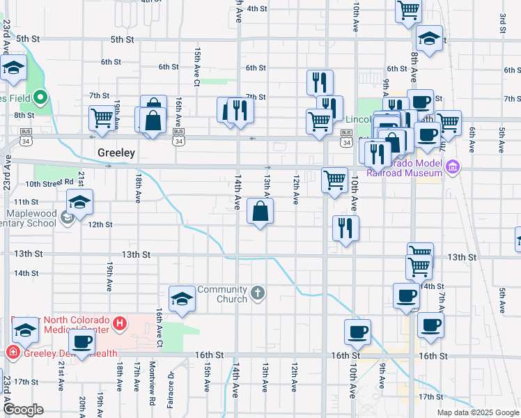 map of restaurants, bars, coffee shops, grocery stores, and more near in Greeley