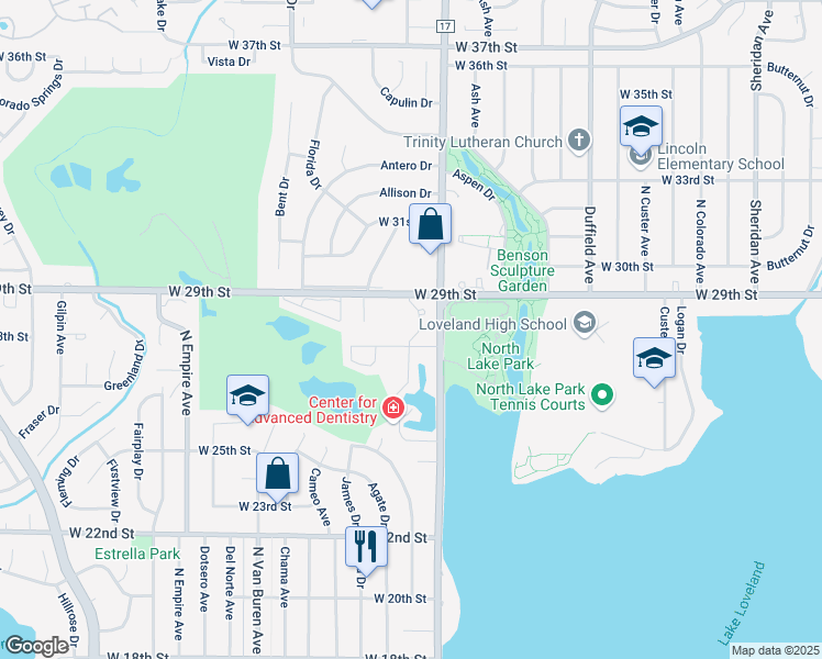 map of restaurants, bars, coffee shops, grocery stores, and more near 1515 West 28th Street in Loveland