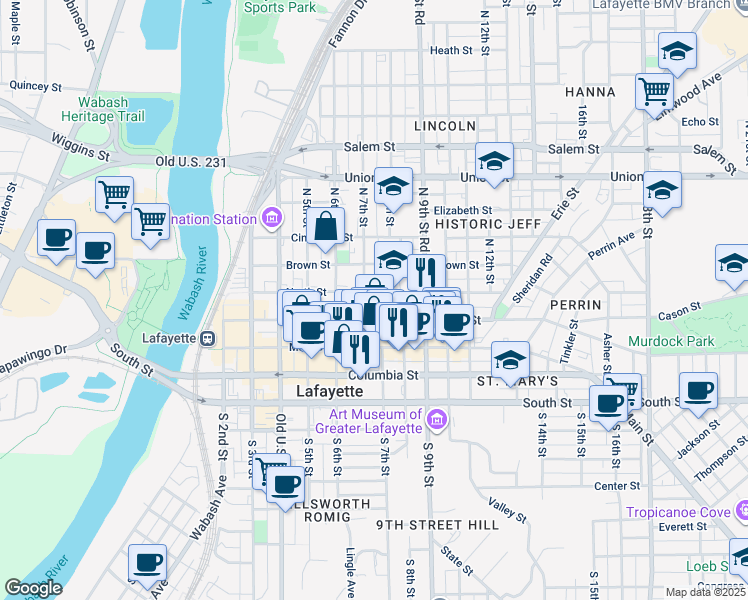 map of restaurants, bars, coffee shops, grocery stores, and more near 725E North Street in Lafayette