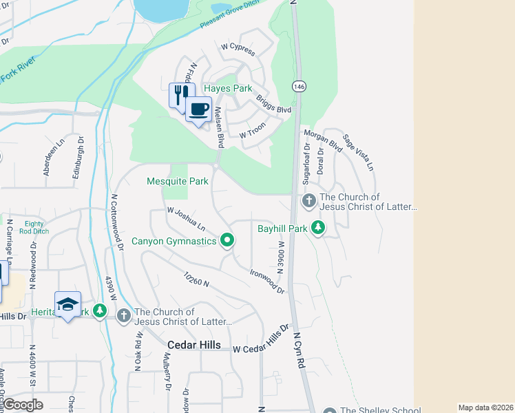 map of restaurants, bars, coffee shops, grocery stores, and more near 10378 Bristlecone Way in Cedar Hills