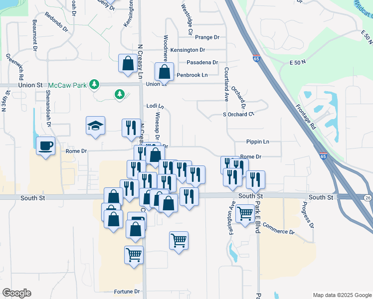map of restaurants, bars, coffee shops, grocery stores, and more near 3847 Rome Dr in Lafayette