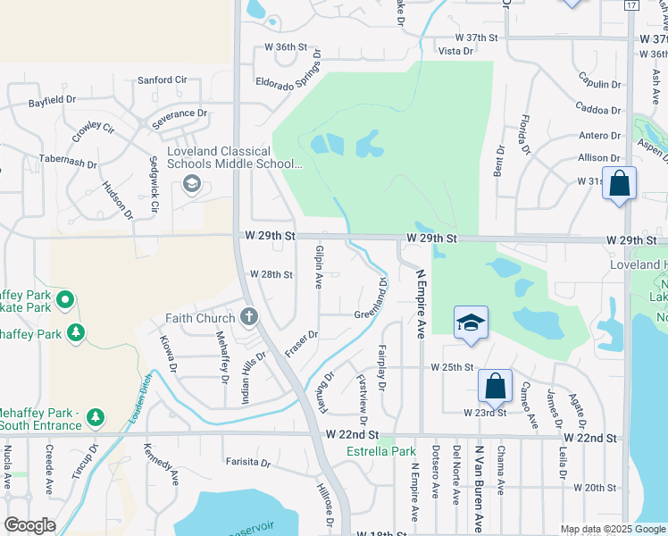 map of restaurants, bars, coffee shops, grocery stores, and more near 2433 Indiana Place in Loveland