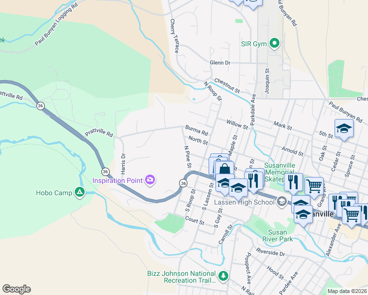 map of restaurants, bars, coffee shops, grocery stores, and more near 118 North Pine Street in Susanville