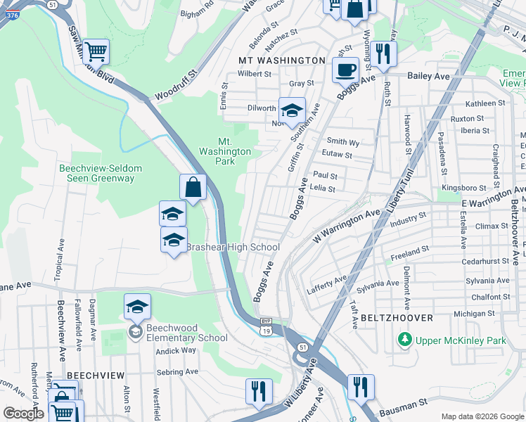 map of restaurants, bars, coffee shops, grocery stores, and more near 650 Southern Avenue in Pittsburgh