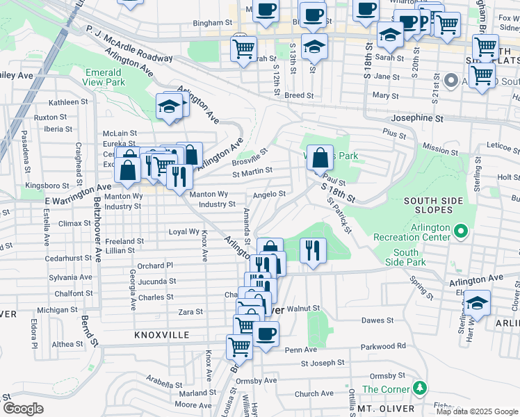 map of restaurants, bars, coffee shops, grocery stores, and more near 38 Mount Oliver Street in Pittsburgh