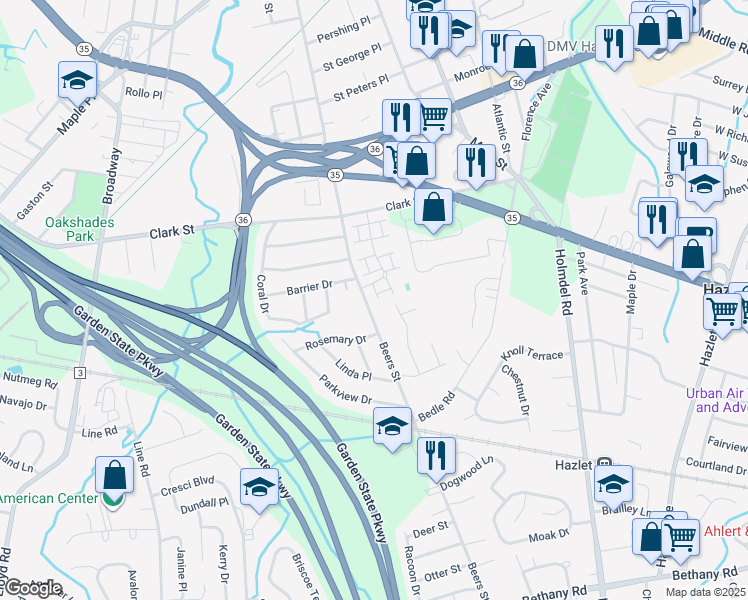 map of restaurants, bars, coffee shops, grocery stores, and more near 534 Beers Street in Hazlet