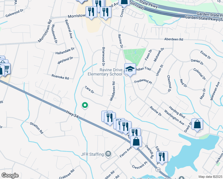 map of restaurants, bars, coffee shops, grocery stores, and more near Middlesex Road in Matawan