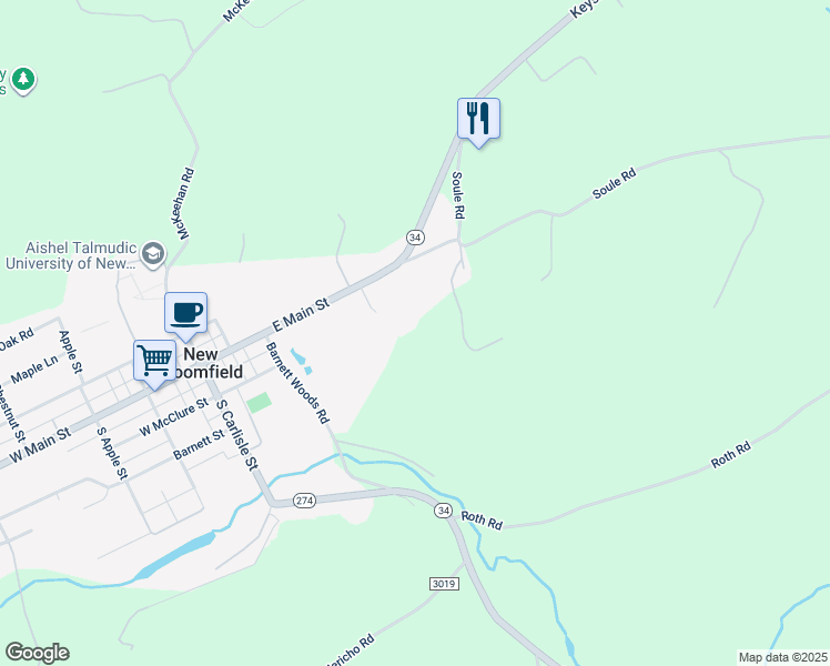 map of restaurants, bars, coffee shops, grocery stores, and more near 213 East Main Street in New Bloomfield