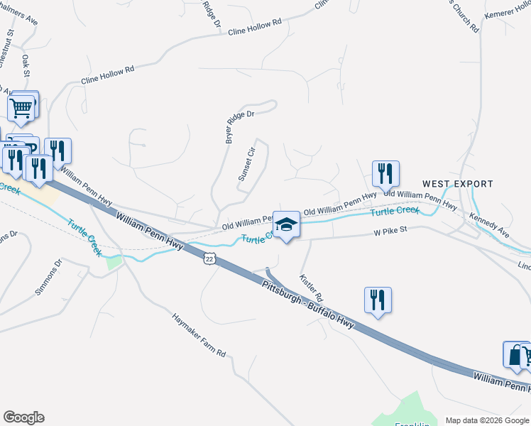 map of restaurants, bars, coffee shops, grocery stores, and more near 5101 Old William Penn Highway in Murrysville