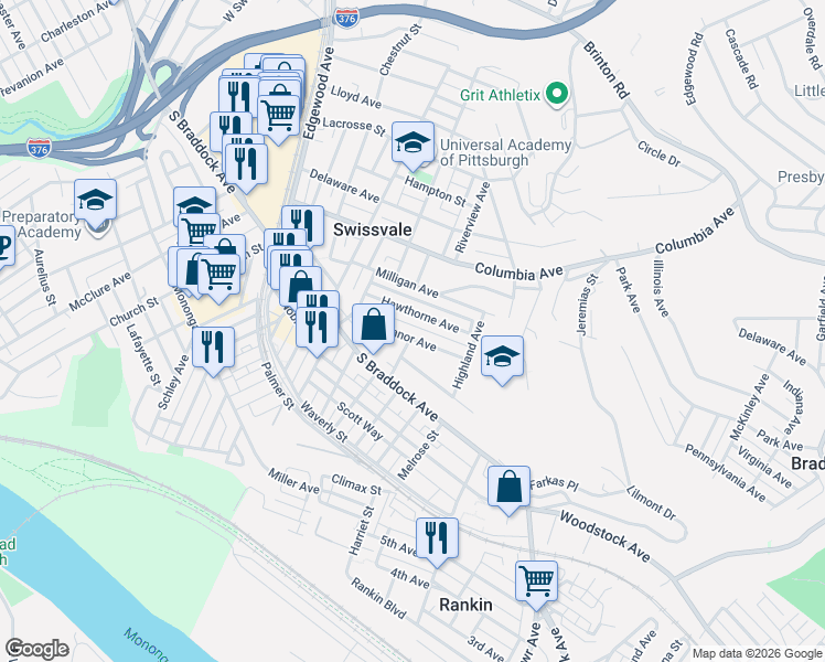 map of restaurants, bars, coffee shops, grocery stores, and more near 2307 Manor Avenue in Pittsburgh
