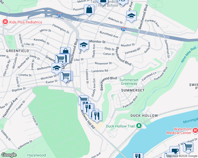 map of restaurants, bars, coffee shops, grocery stores, and more near 4338 Luster Street in Pittsburgh