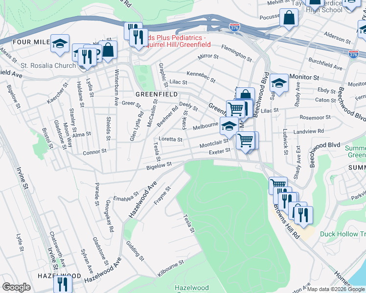 map of restaurants, bars, coffee shops, grocery stores, and more near 667 Montclair Street in Pittsburgh
