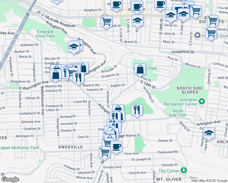 map of restaurants, bars, coffee shops, grocery stores, and more near 38 Mount Oliver Street in Pittsburgh