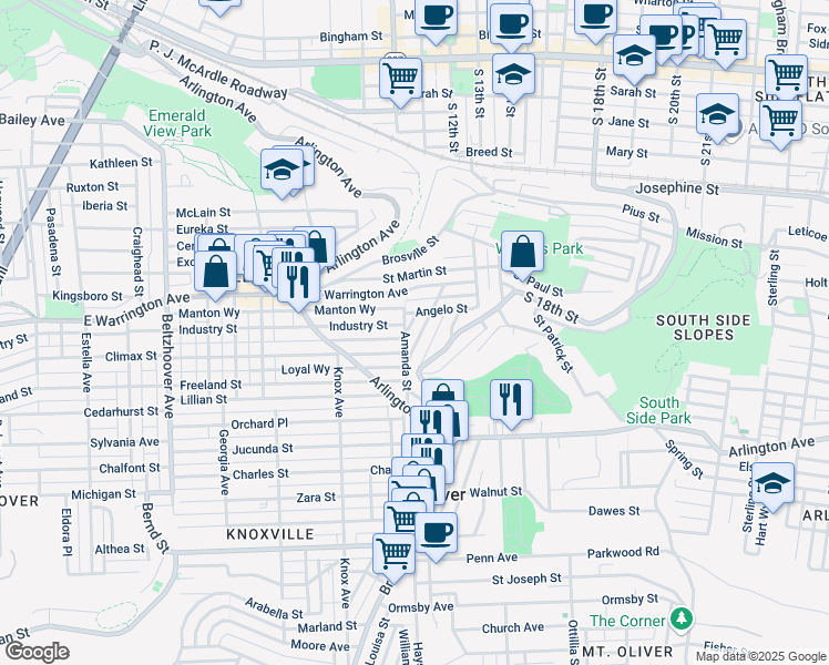 map of restaurants, bars, coffee shops, grocery stores, and more near 38 Mount Oliver Street in Pittsburgh