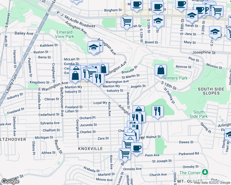 map of restaurants, bars, coffee shops, grocery stores, and more near 1326 Arlington Avenue in Pittsburgh
