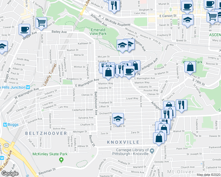 map of restaurants, bars, coffee shops, grocery stores, and more near 210 Walter Street in Pittsburgh