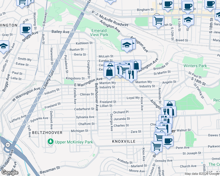 map of restaurants, bars, coffee shops, grocery stores, and more near 210 Walter Street in Pittsburgh