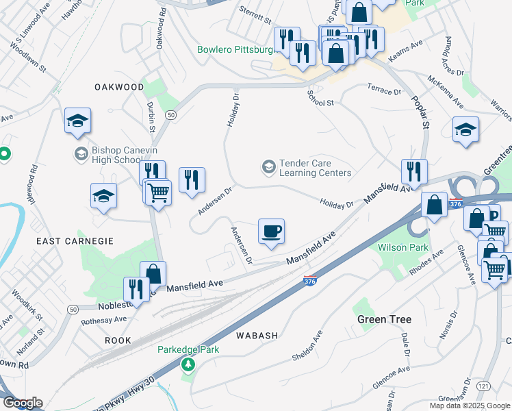 map of restaurants, bars, coffee shops, grocery stores, and more near 680 Andersen Drive in Pittsburgh