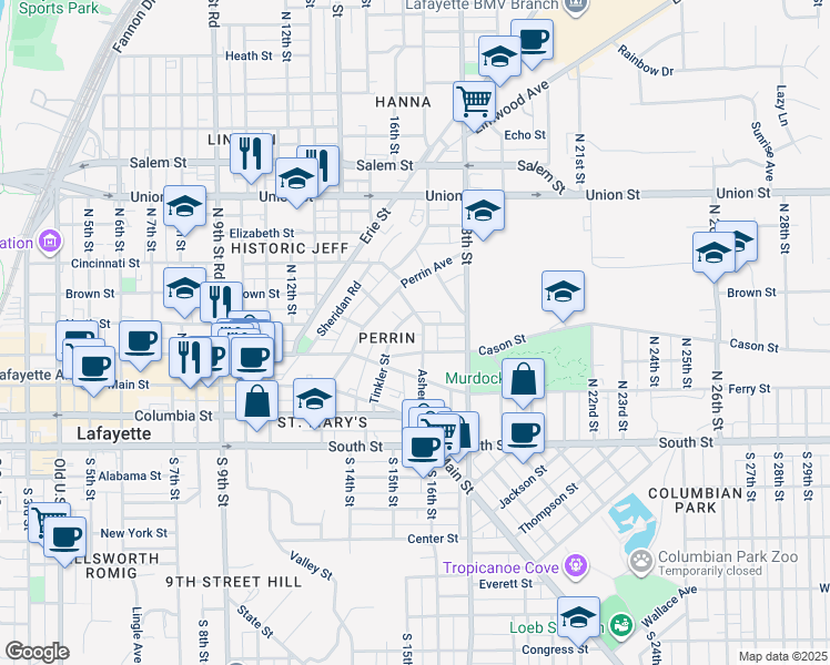 map of restaurants, bars, coffee shops, grocery stores, and more near 1502 Cason Street in Lafayette