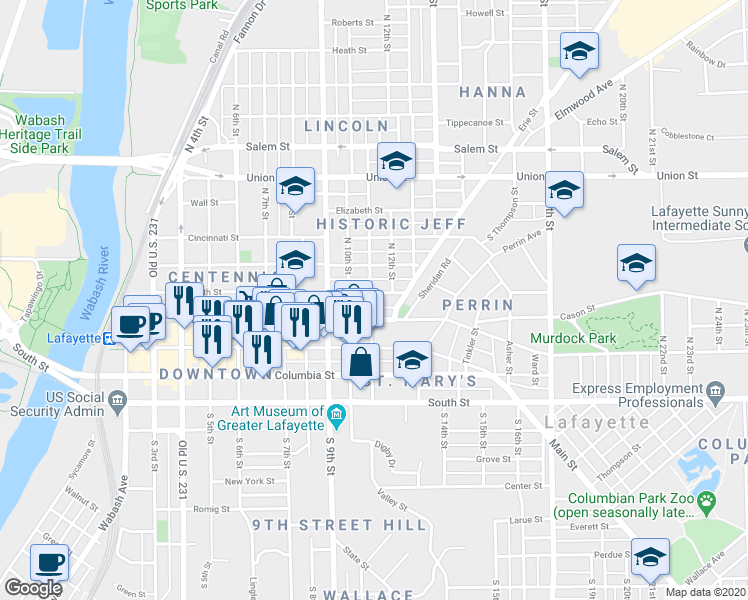 map of restaurants, bars, coffee shops, grocery stores, and more near 1109 North Street in Lafayette