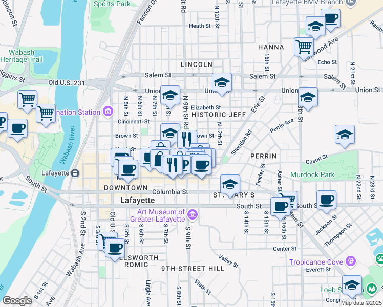 map of restaurants, bars, coffee shops, grocery stores, and more near 920 Ferry Street in Lafayette