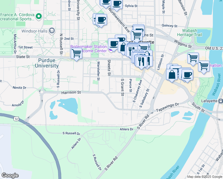map of restaurants, bars, coffee shops, grocery stores, and more near 422 Harrison Street in West Lafayette