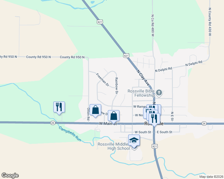 map of restaurants, bars, coffee shops, grocery stores, and more near 24 Freeman Drive in Rossville