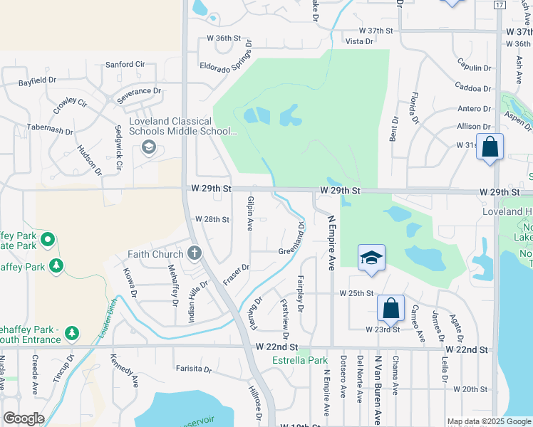 map of restaurants, bars, coffee shops, grocery stores, and more near 2421 Indiana Place in Loveland
