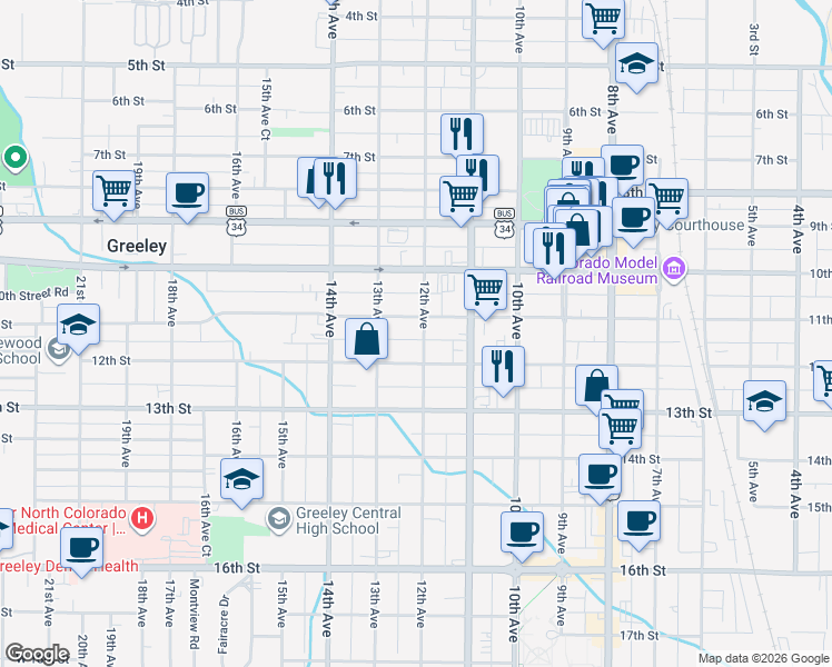 map of restaurants, bars, coffee shops, grocery stores, and more near 1115 12th Avenue in Greeley